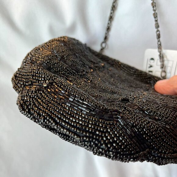 Carlo Fellini Black Formal Evening Bag Detailed Beadwork Clutch w  Chain NWT - Picture 8 of 12